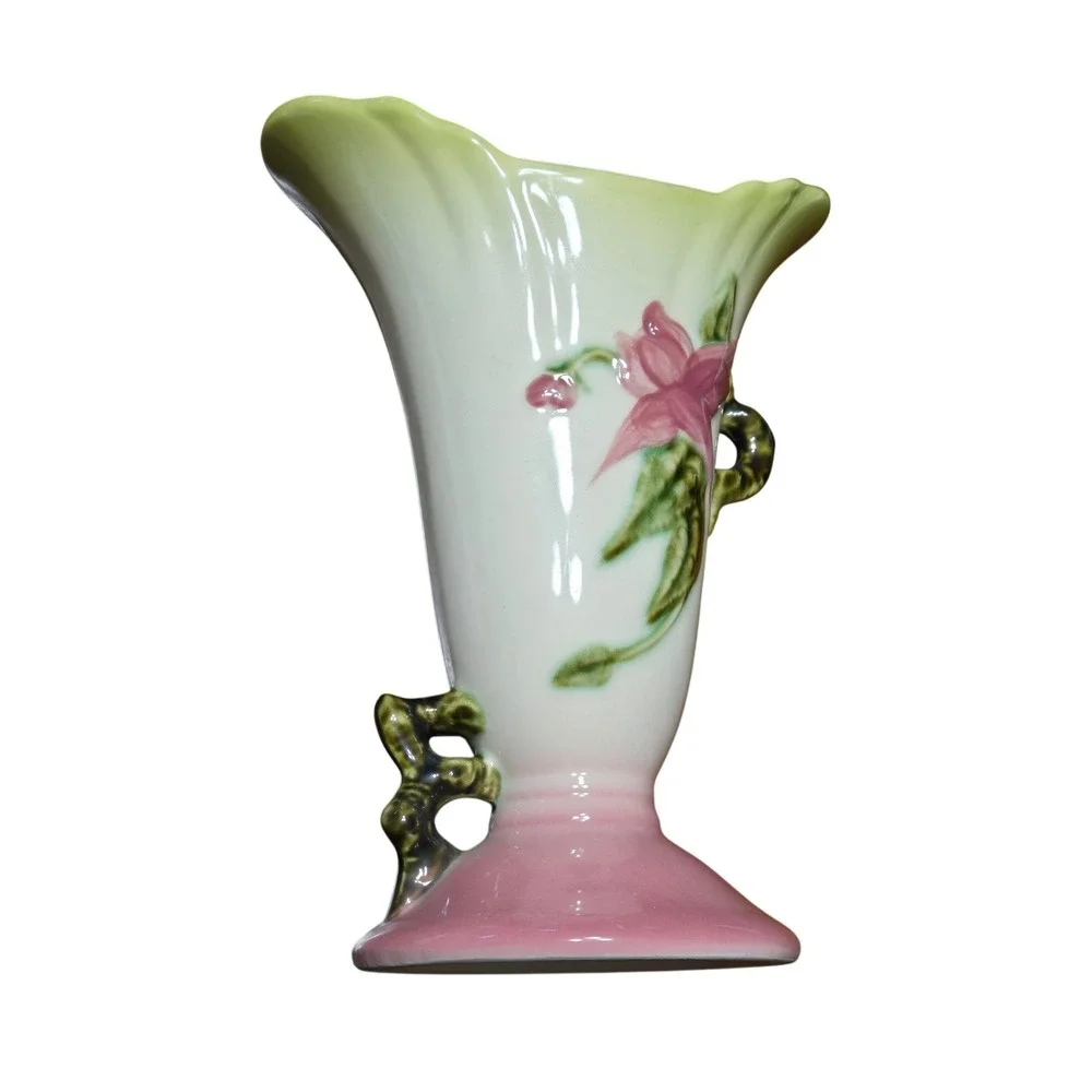 Vintage Hull Pottery Woodland W14-8 1/2 Floral Vase Pink Yellow Double HandleUSA